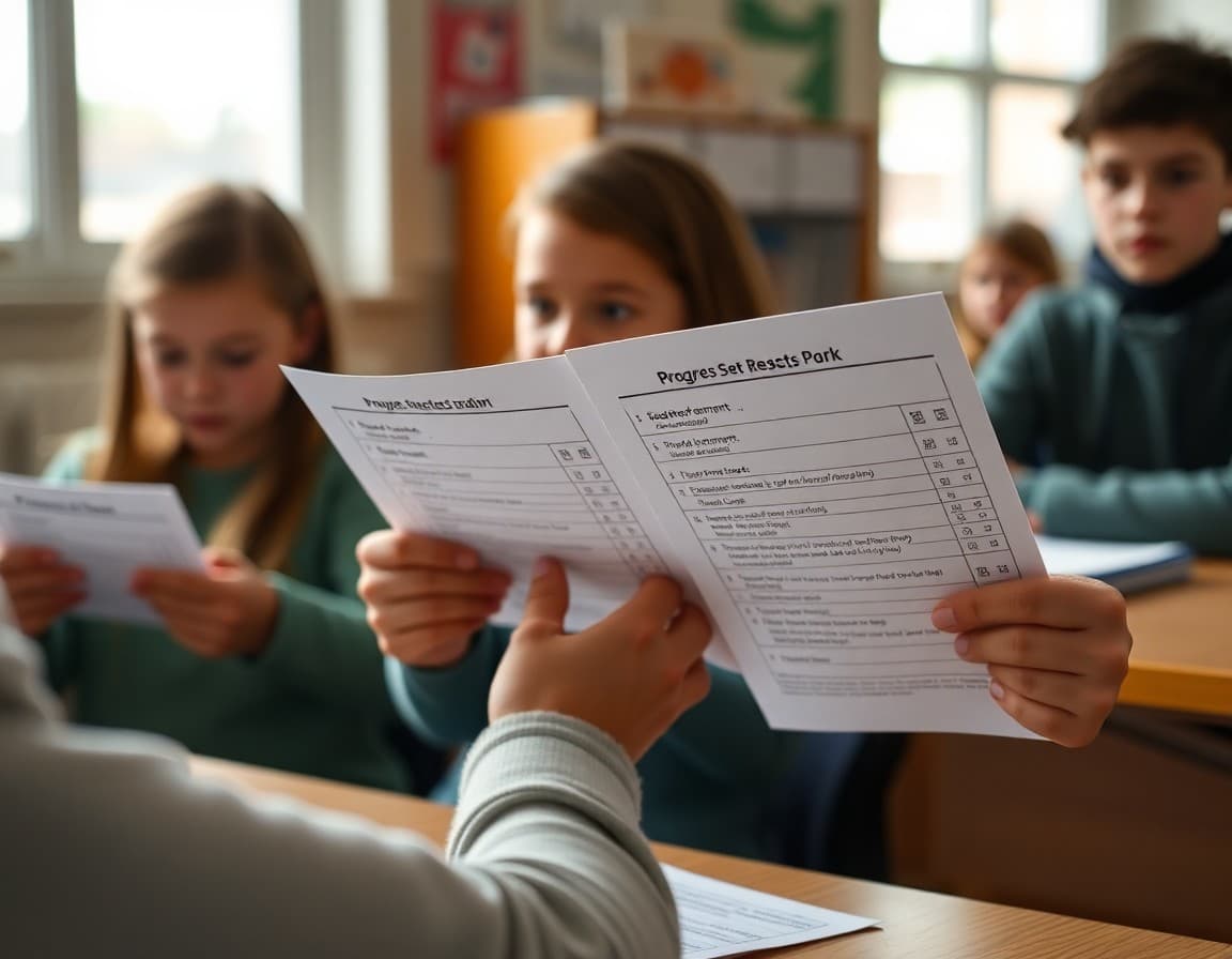 Progress report form showing grades and teacher comments for 5th grade students