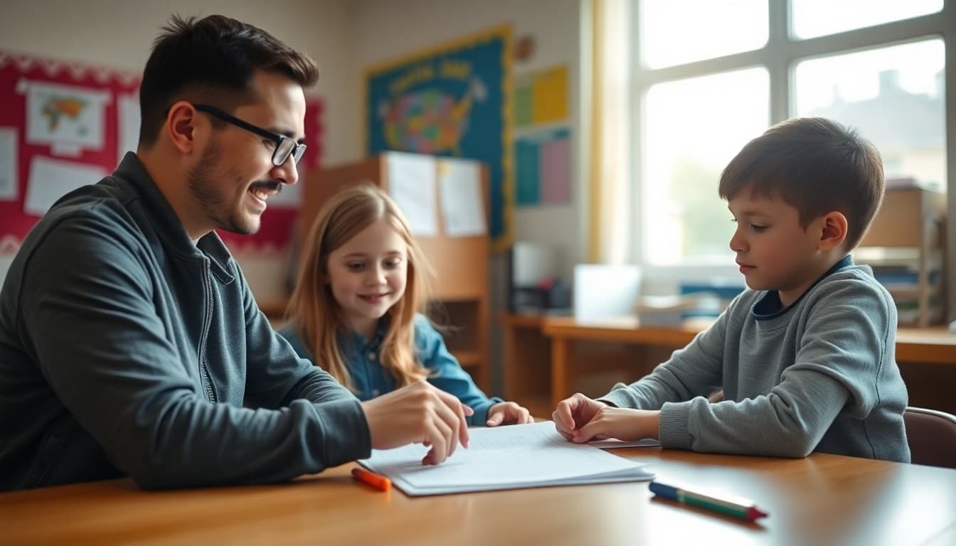 Teacher reviewing progress report with a fifth grade student at a classroom table