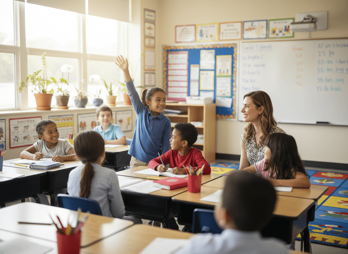 First grader raising hand in an orderly classroom setting