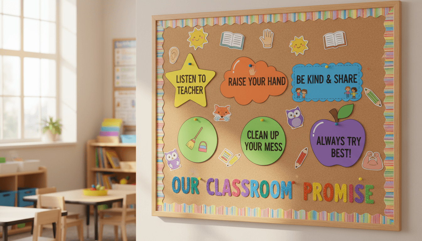 Classroom rules posted on a colorful bulletin board in a first grade room