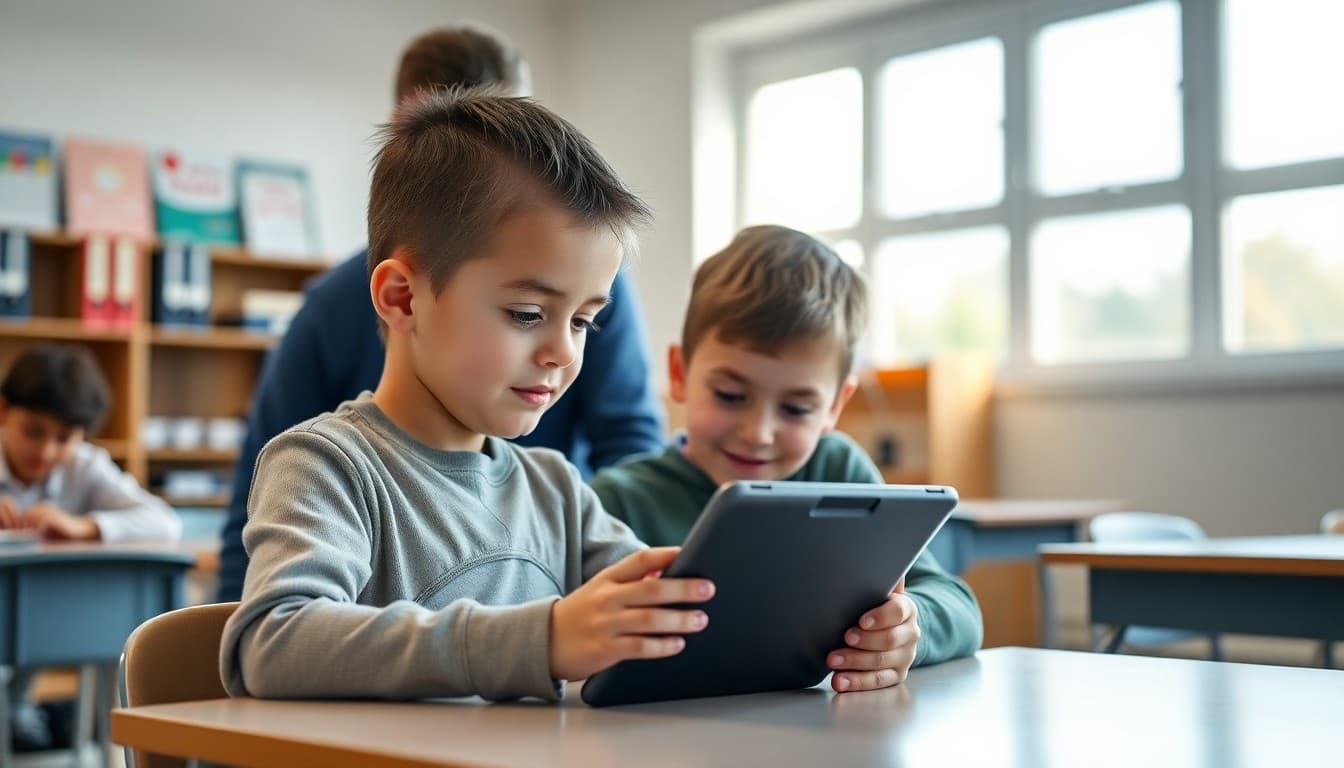 First grade student using a school tablet while a teacher demonstrates proper use
