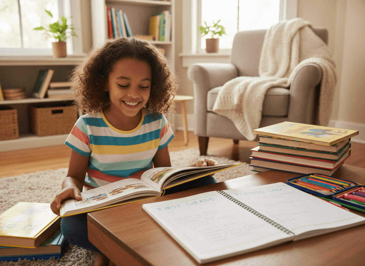 Child reading a book at home as part of a first grade reading log