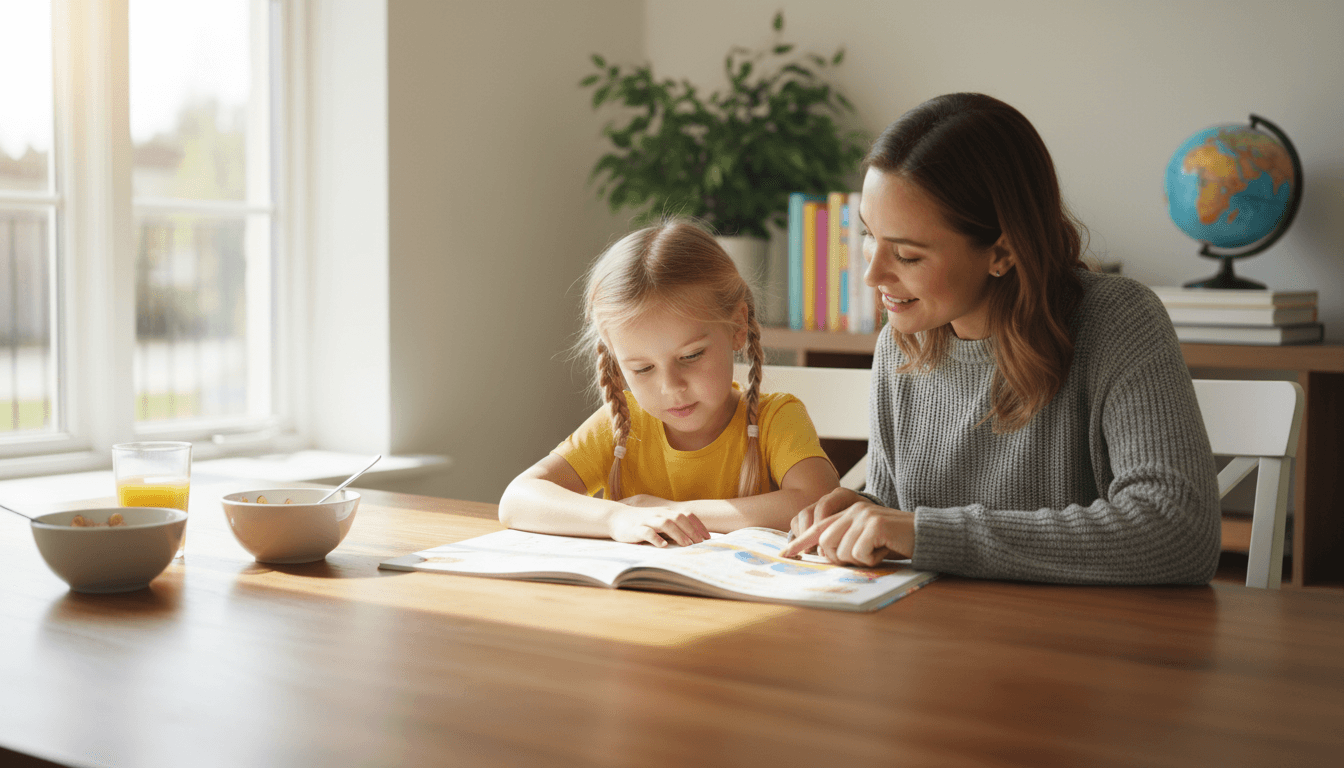 First grader doing homework at kitchen table with a parent nearby