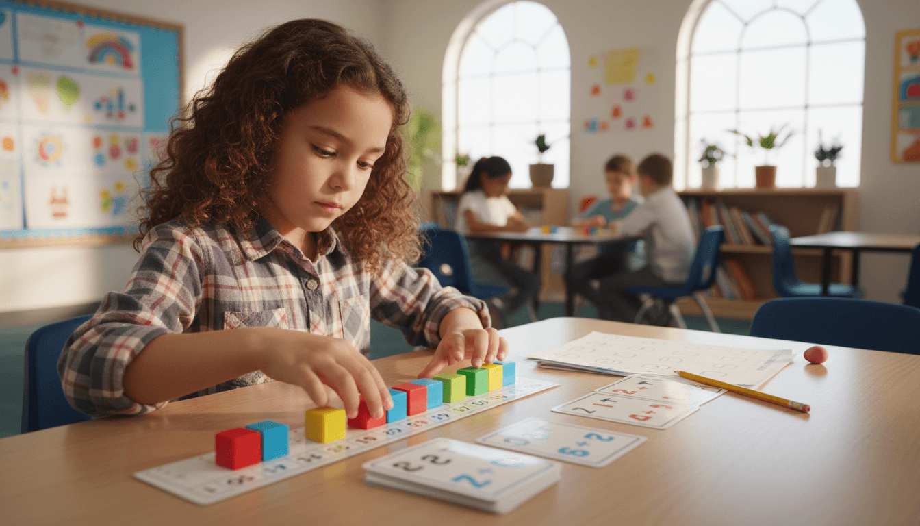 First grade student working with counting cubes and a number line on a math activity, with addition flashcards visible on the table