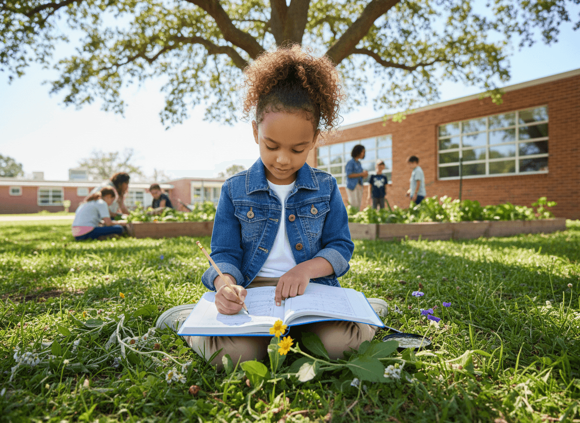 Child recording observations in a science journal outdoors