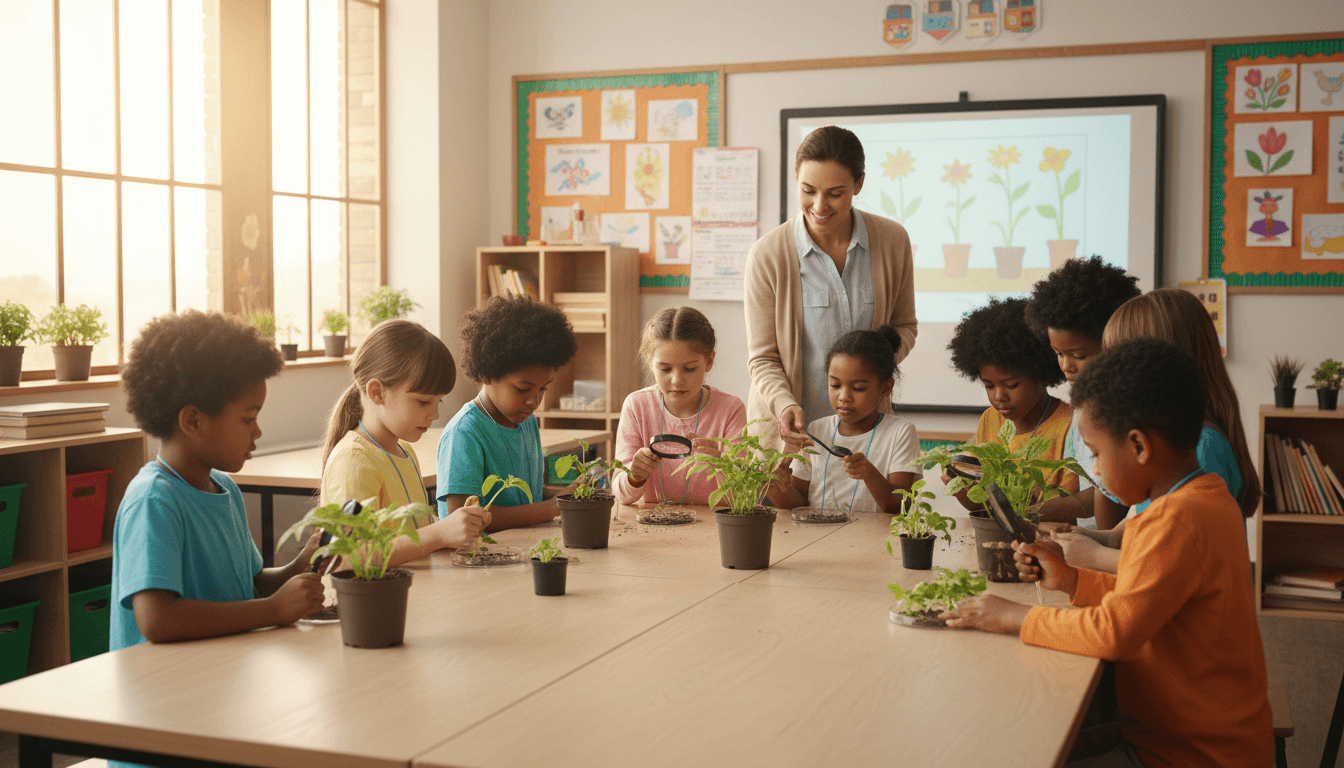 First grade students gathered around a table examining plants during a science lesson