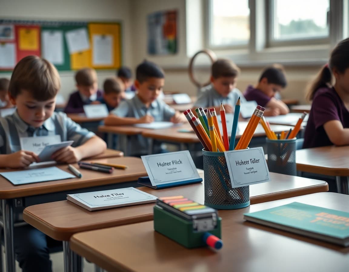 First week of school supplies on student desks with name tags and pencil holders