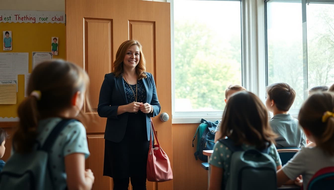 Teacher standing at the classroom door welcoming students on the first day