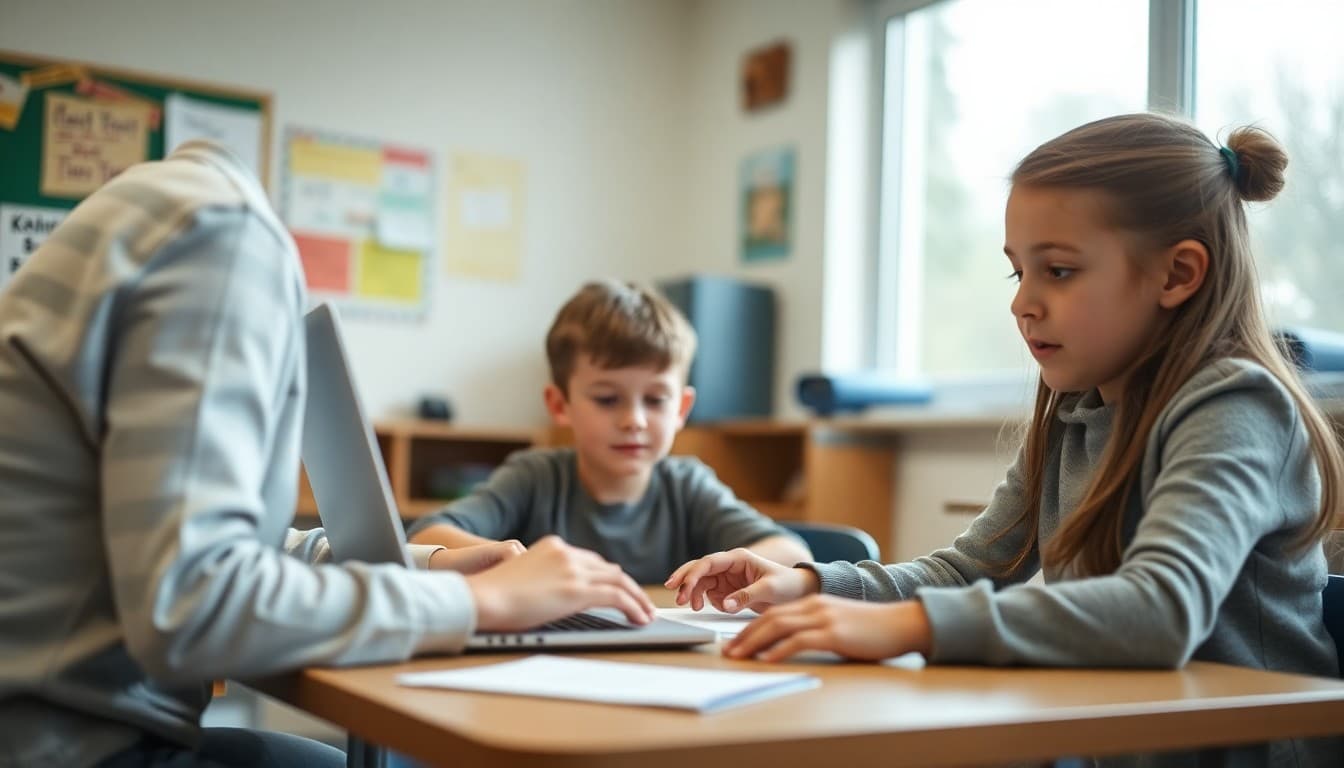 Fourth grade student creating a digital project on a laptop while a teacher advises