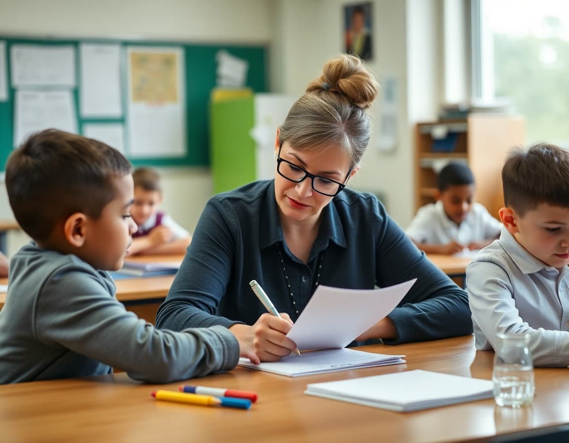 Fourth grade teacher writing homework policy newsletter at classroom desk