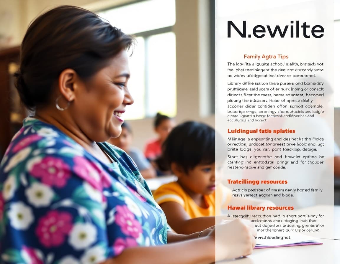 Hawaii literacy newsletter template with multilingual family tips and Hawaii library resource section