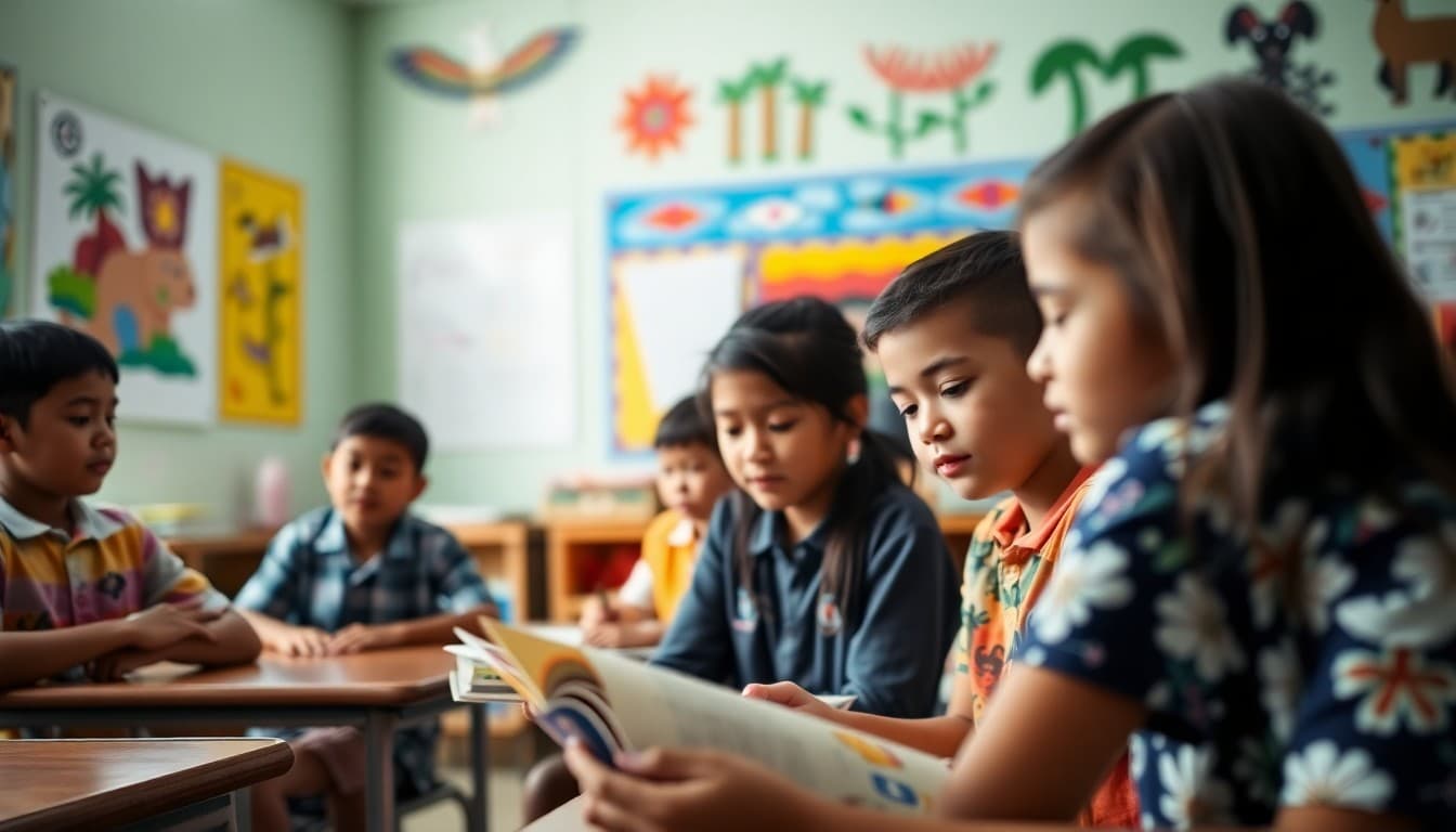 Hawaii classroom students reading together in a colorful classroom with Pacific cultural artwork on the walls