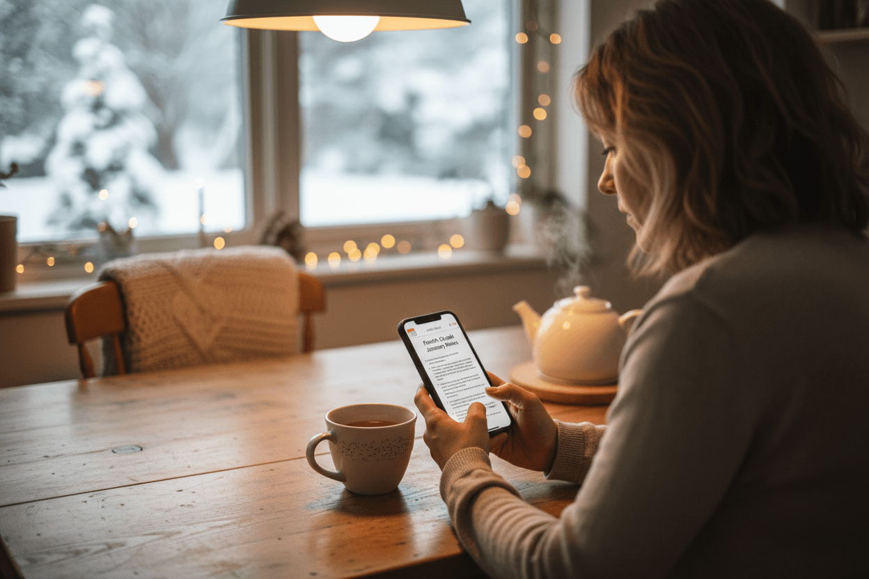 Parent reading January school newsletter on phone at home