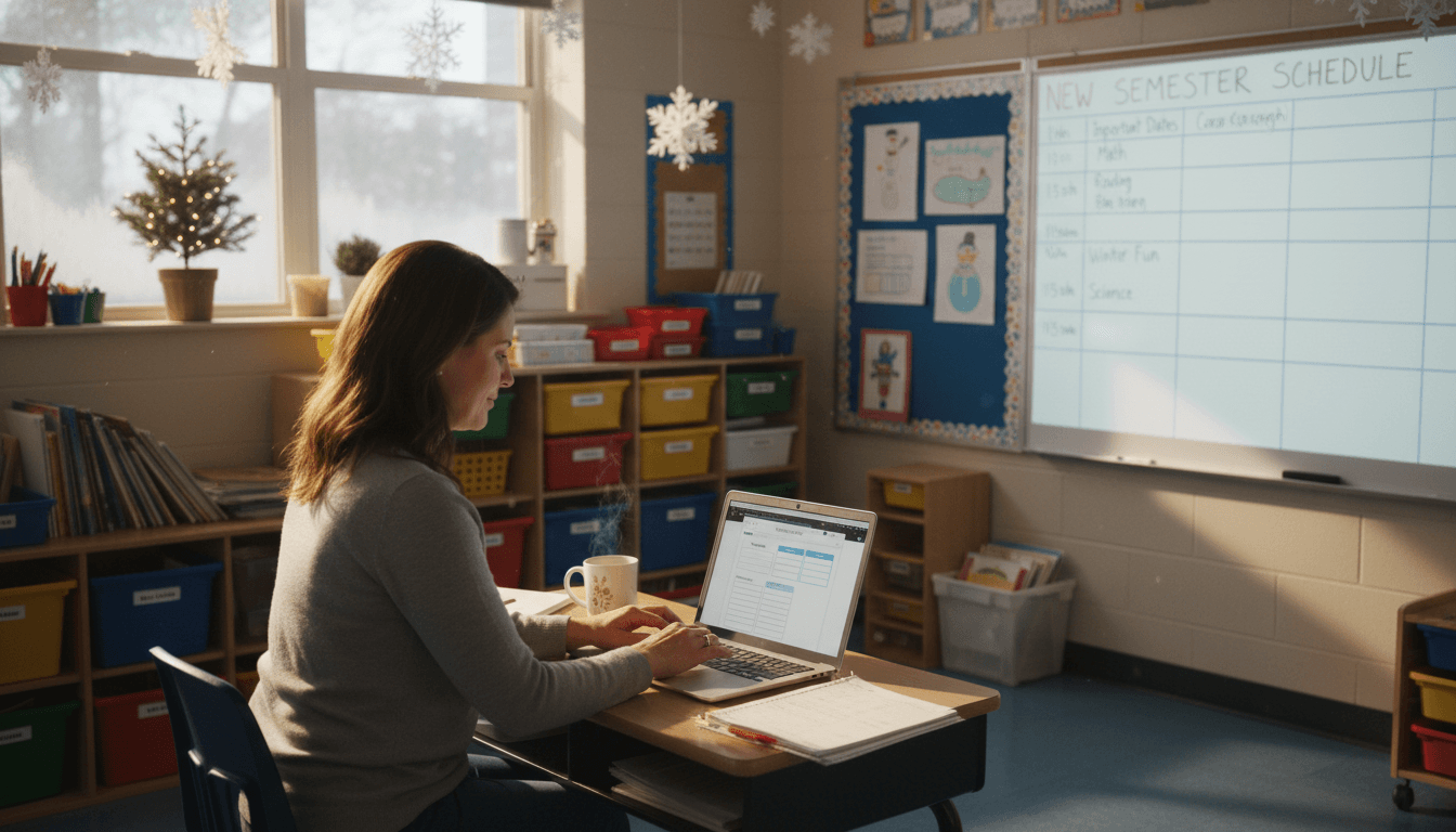 Fourth grade classroom teacher at desk in January, bulletin board visible