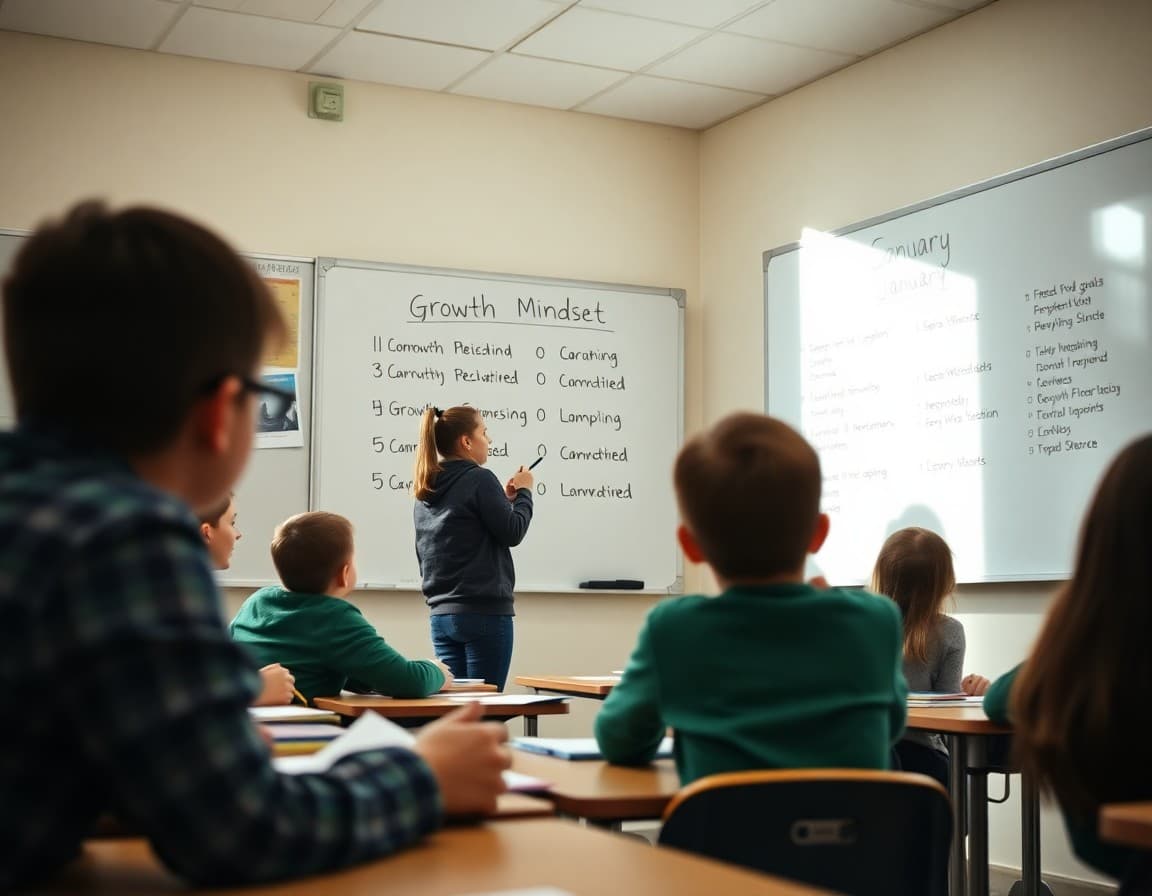 Growth mindset goal-setting activity on classroom whiteboard in January