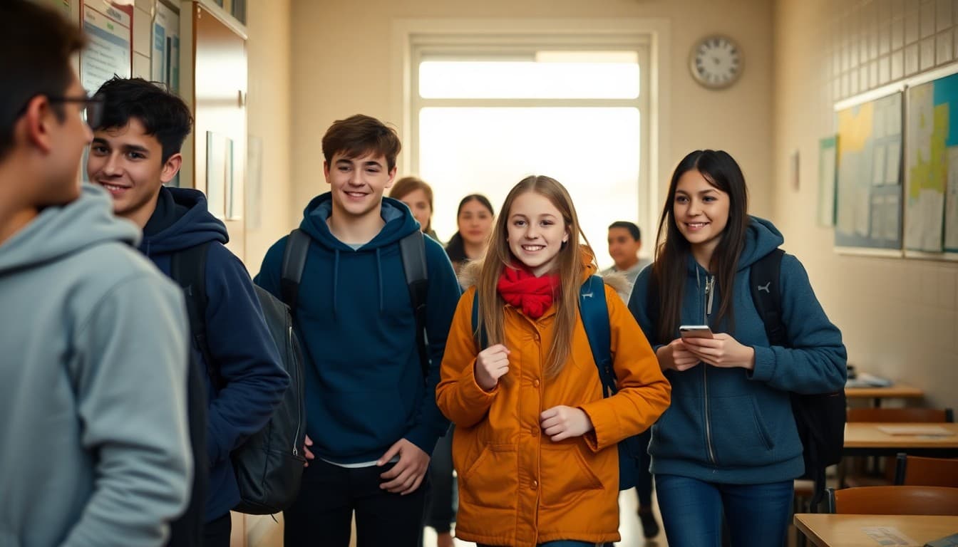 Students returning from winter break entering classroom with energy for new semester
