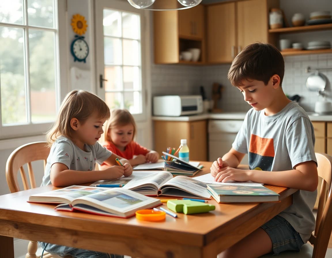 Summer learning activity set up at a kitchen table with books and creative materials