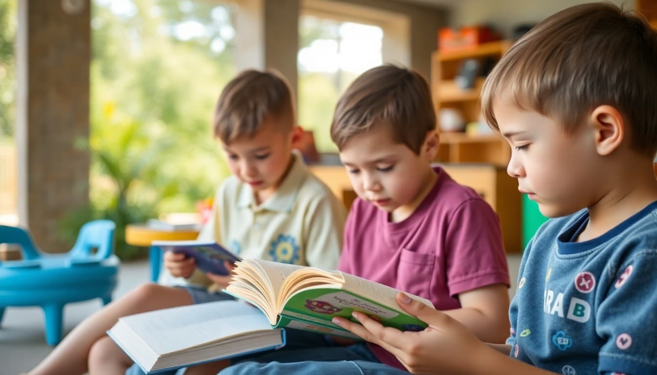 Children reading books outdoors in summer setting with learning activities nearby
