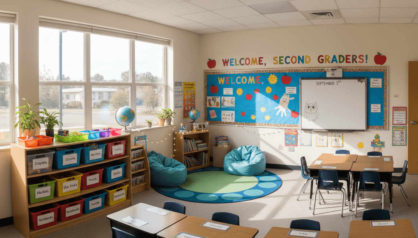 Second grade classroom being prepared for a new school year with labeled supply bins, a cozy reading corner, and a welcome bulletin board