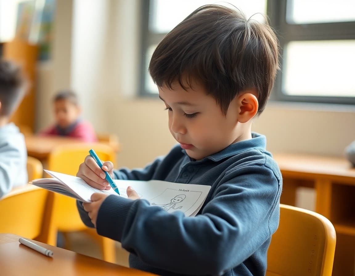 Child drawing a picture of a book character on a simple paper template