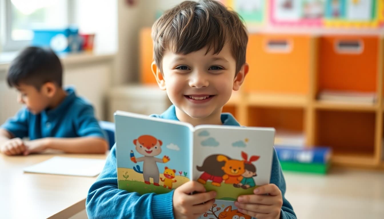 Kindergarten student holding a colorful picture book and smiling at the camera