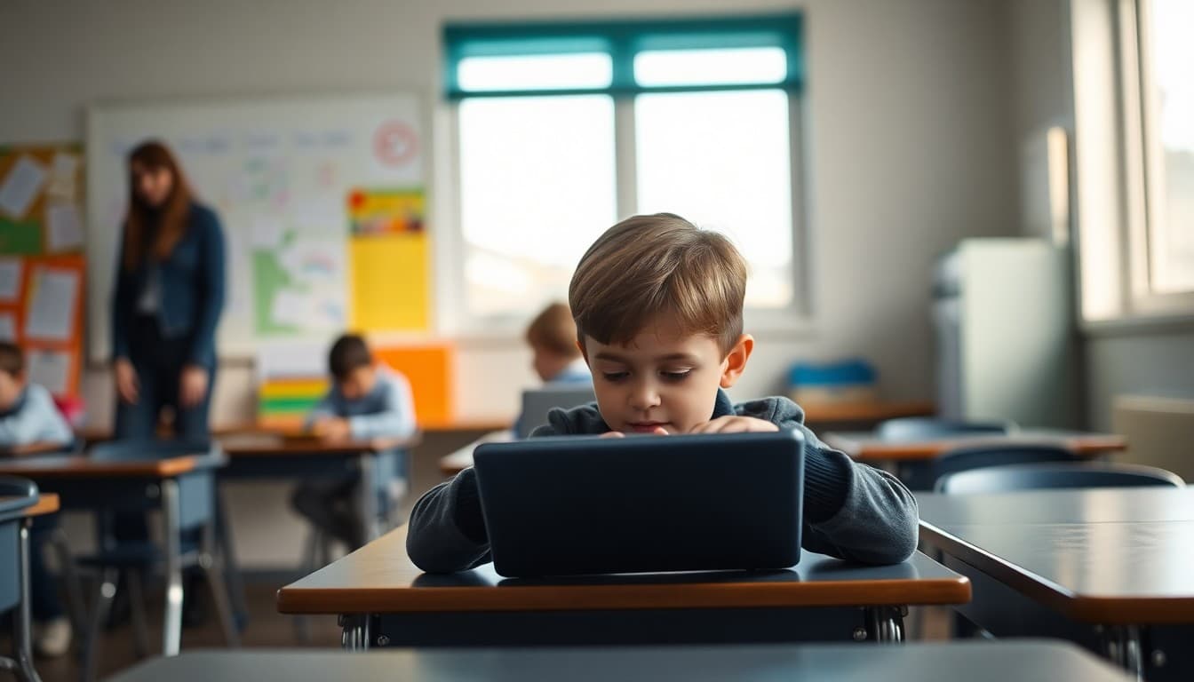 Kindergartner using a tablet at a school desk with a teacher nearby