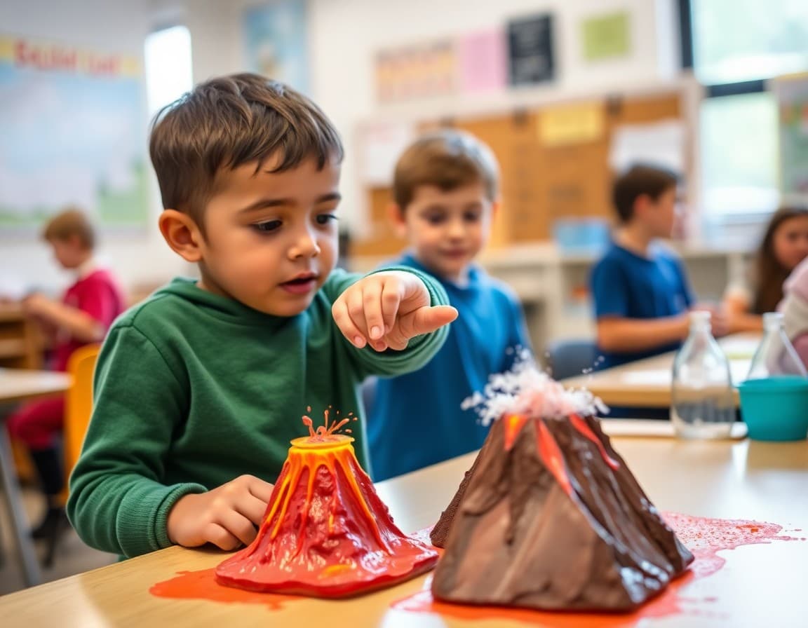Young child pointing at a volcano model at a classroom science fair table