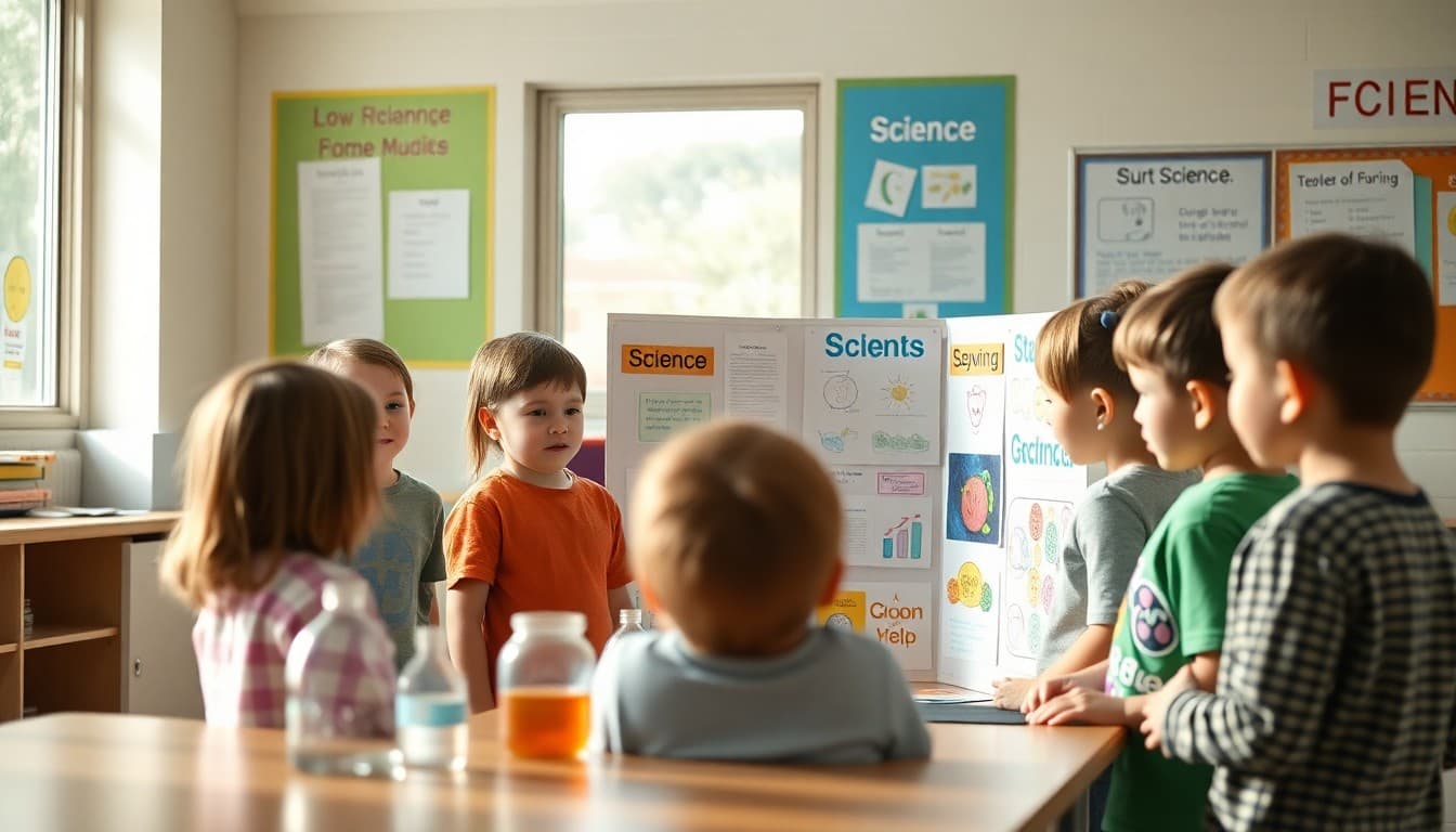 Kindergarten students gathered around a simple science fair display with colorful posters