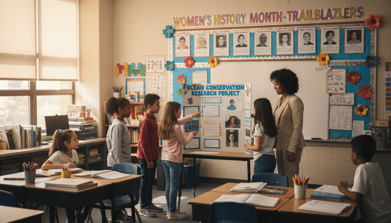 Fourth grade classroom March with research project presentation board and Women's History Month biography display