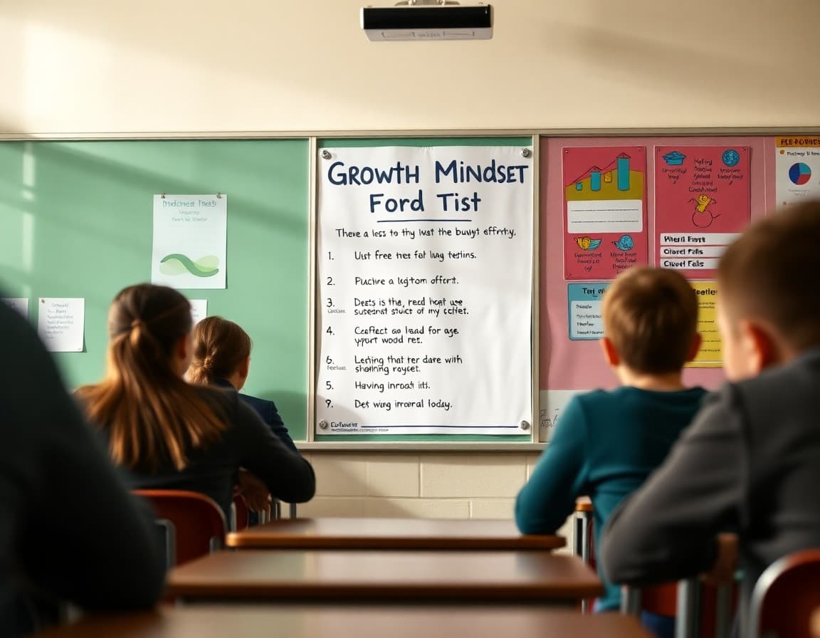 Growth mindset testing reminder poster in classroom showing effort strategies for students