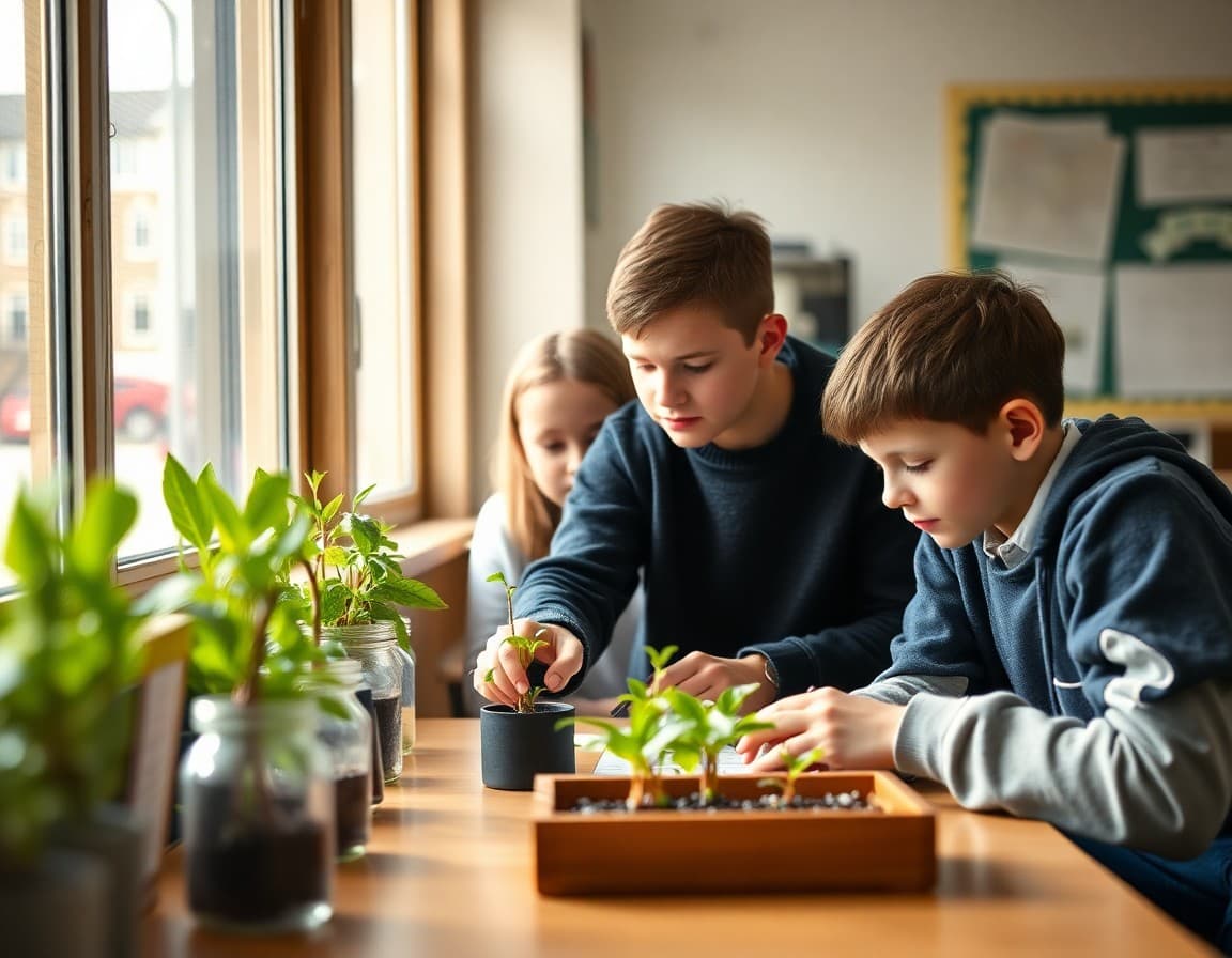Students working on spring science project with plants growing in classroom window