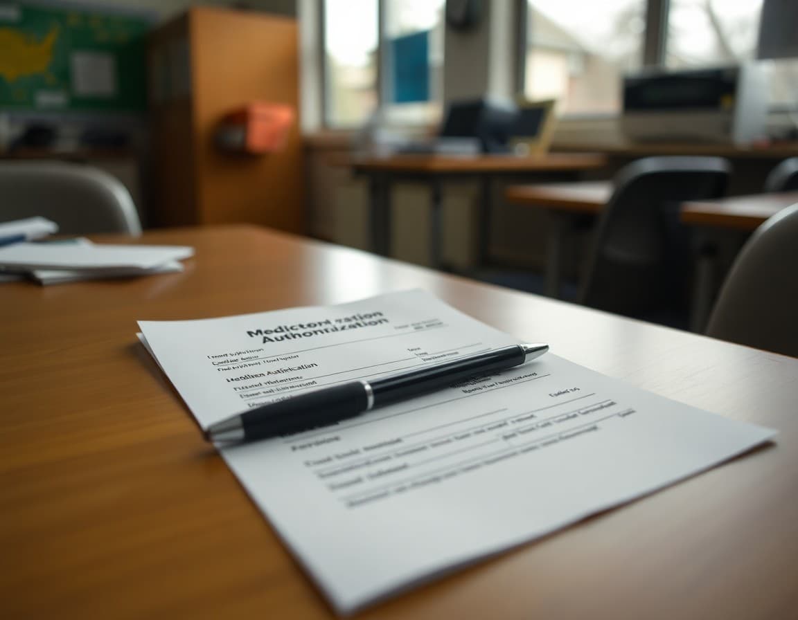 Medication authorization form with a pen on a school health office desk