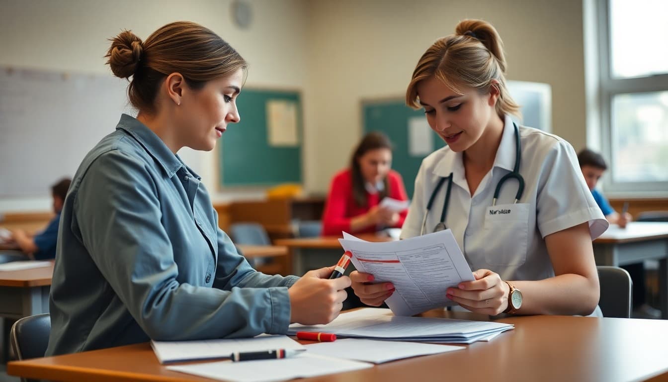School nurse reviewing medication forms with paperwork on a desk