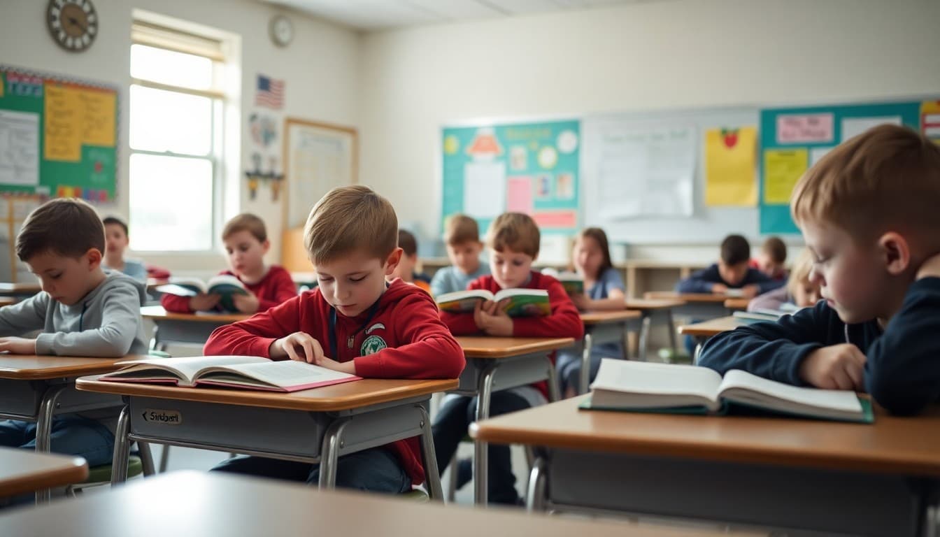 Nebraska classroom students reading at their desks in a bright, organized elementary classroom