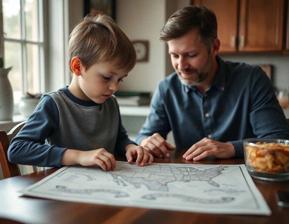 Child looking at a map of the thirteen colonies with a parent at the kitchen table