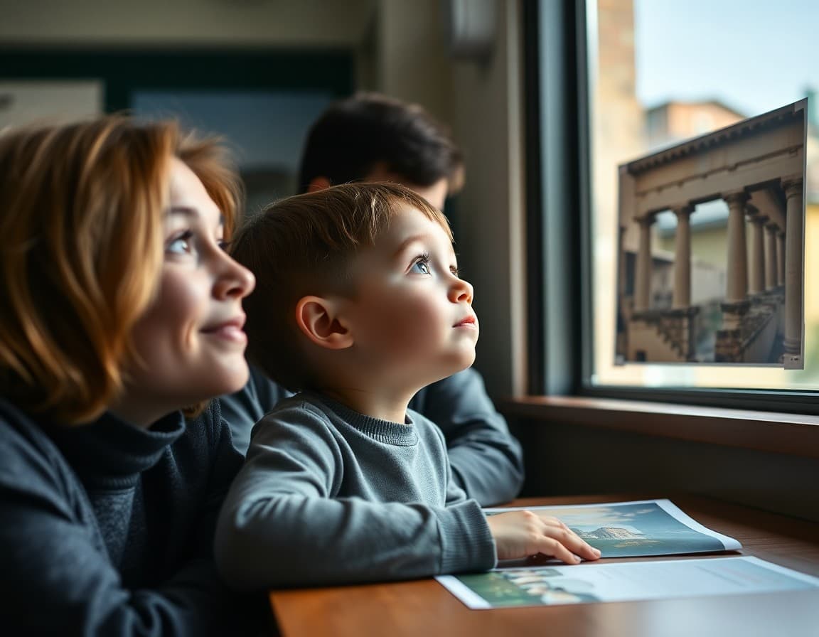 Child looking up photos of Roman aqueducts and architecture with a parent
