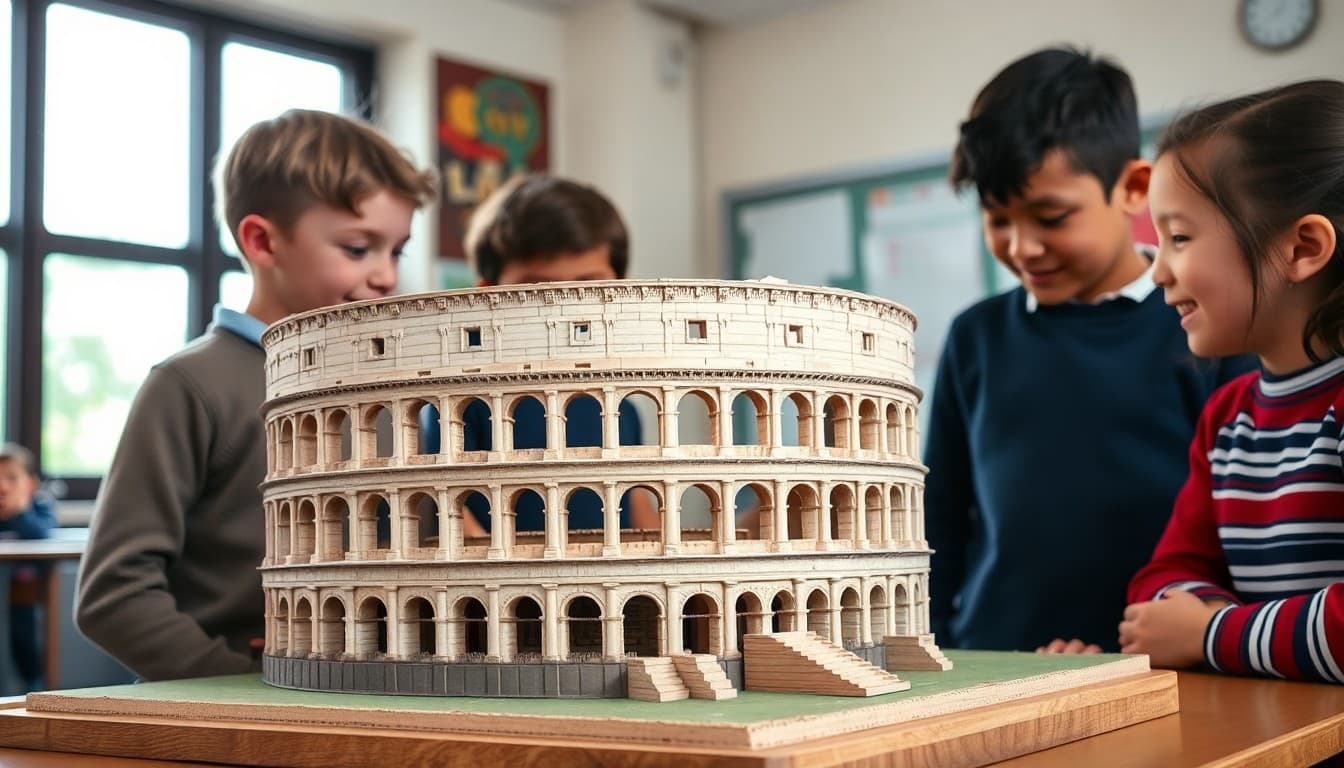 Students examining a model of the Roman Colosseum during a world history unit