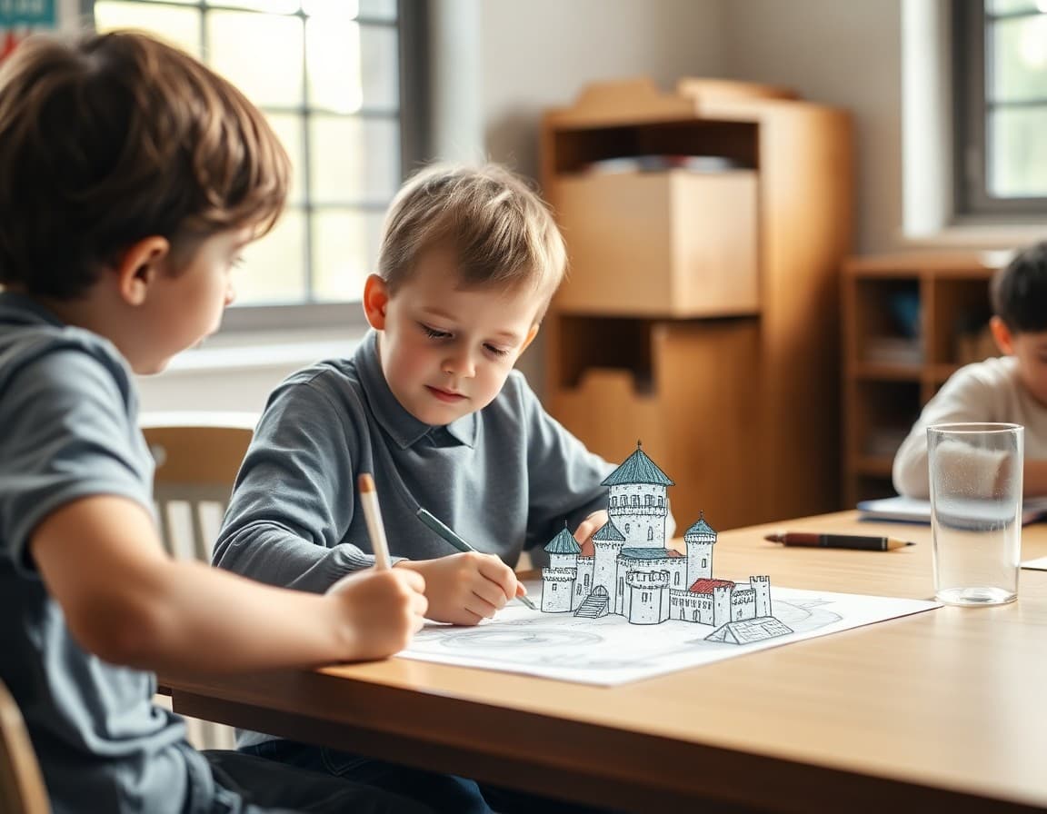 Child drawing a medieval castle with a parent looking on and asking questions