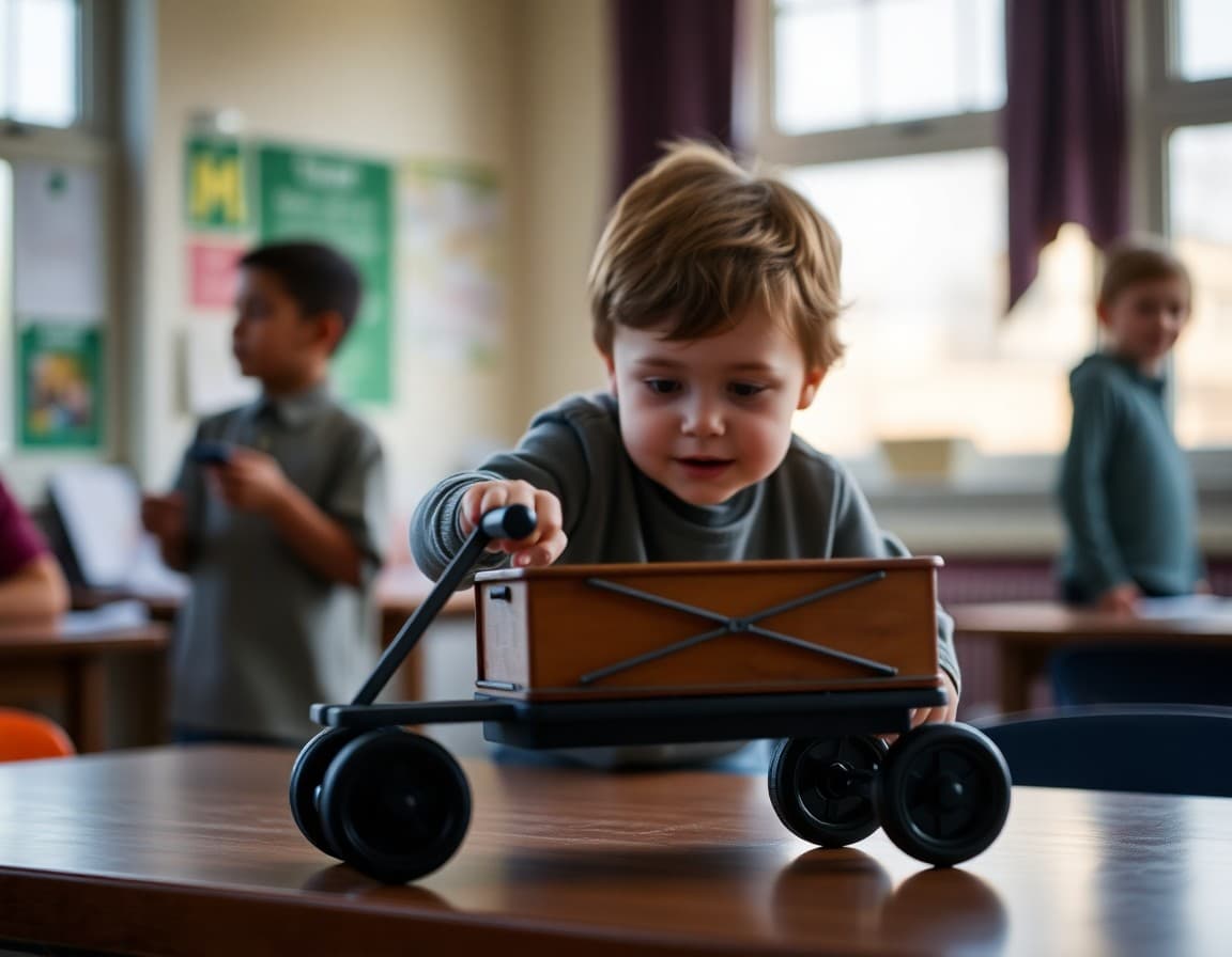 Child pushing a toy cart across a table to demonstrate force and motion