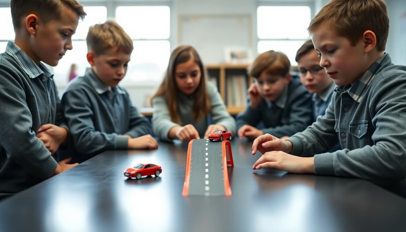 Students testing Newton's laws with toy cars and ramps in a science classroom