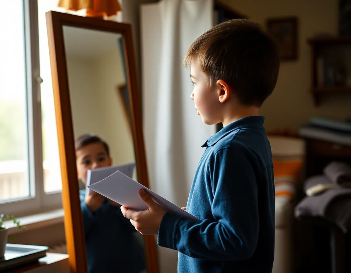 Child practicing a speech in front of a mirror at home with notes in hand
