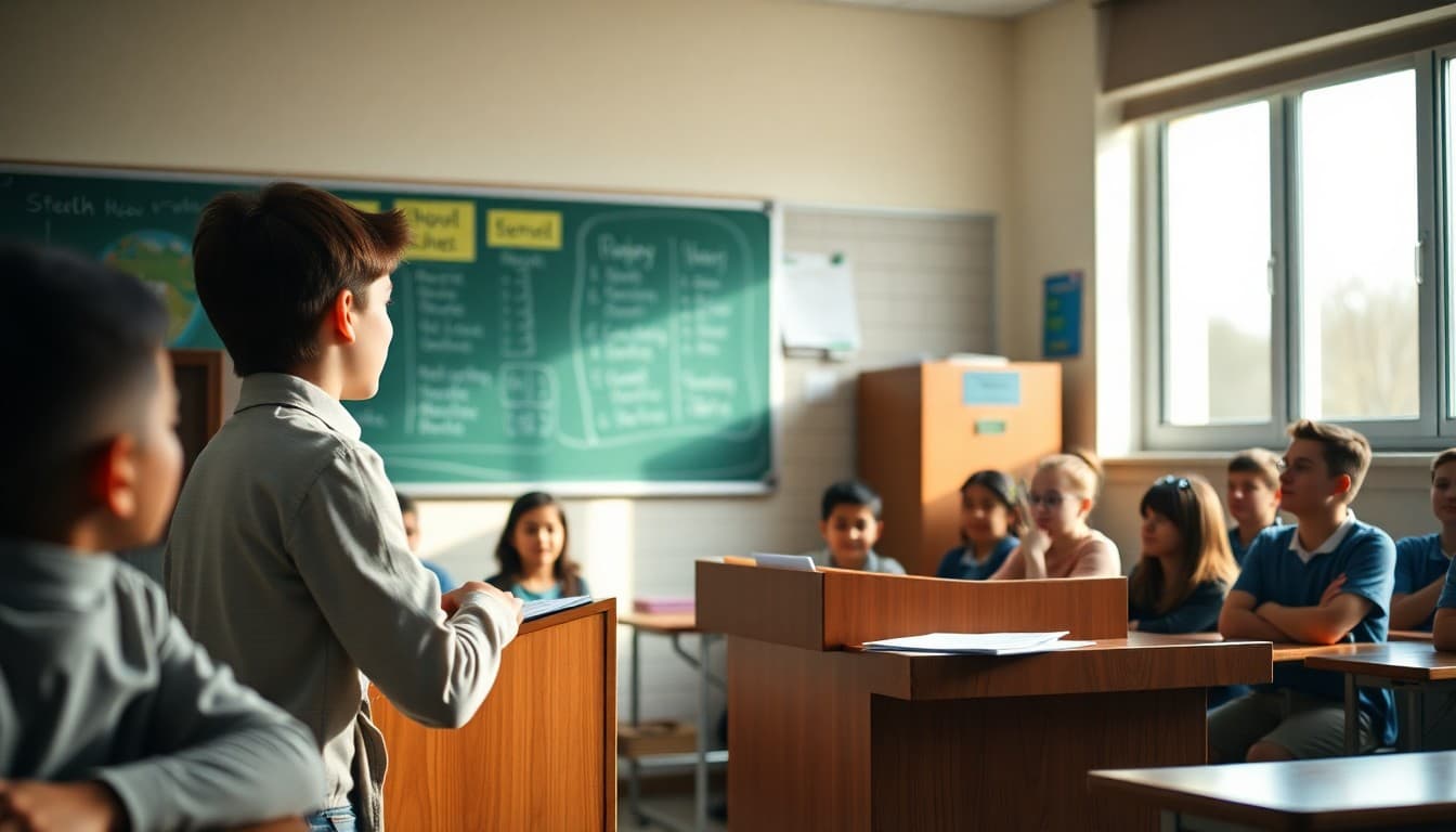 Student delivering a speech at a classroom podium with classmates listening