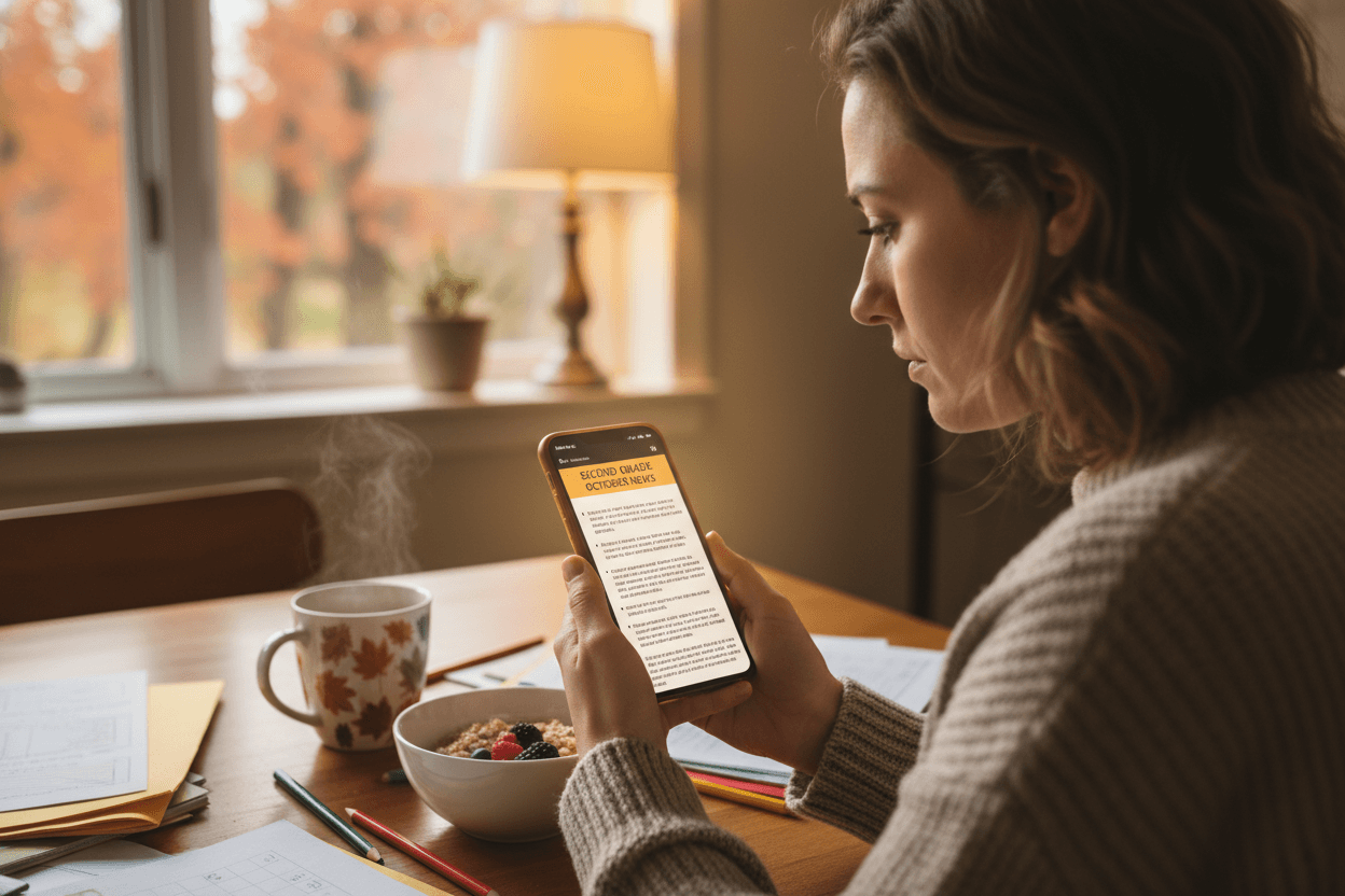 Parent reading October school newsletter on phone at home