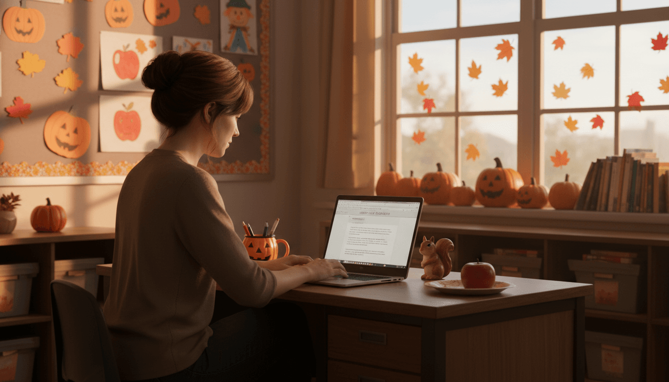 Second grade classroom teacher at desk in October, bulletin board visible