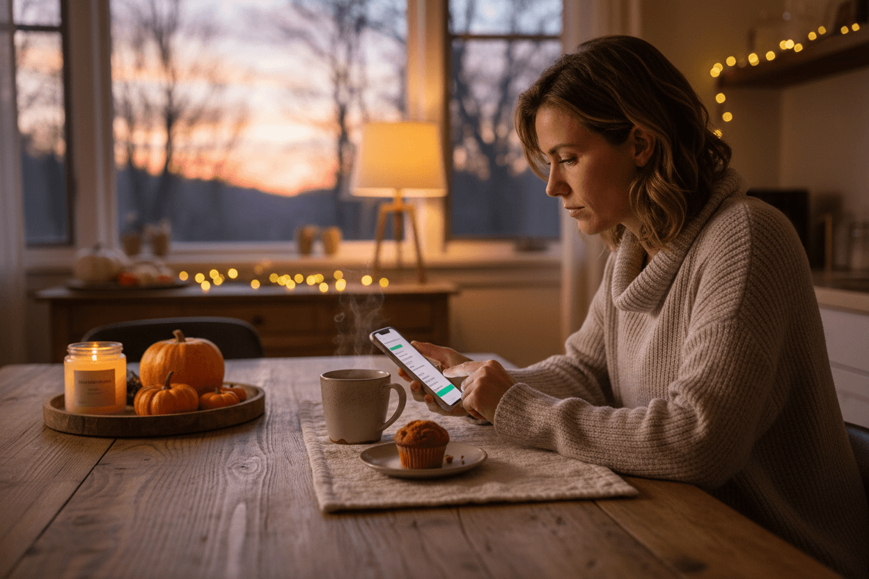 Parent reading October school newsletter on phone at home