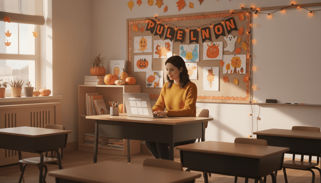 Third grade classroom teacher at desk in October, bulletin board visible