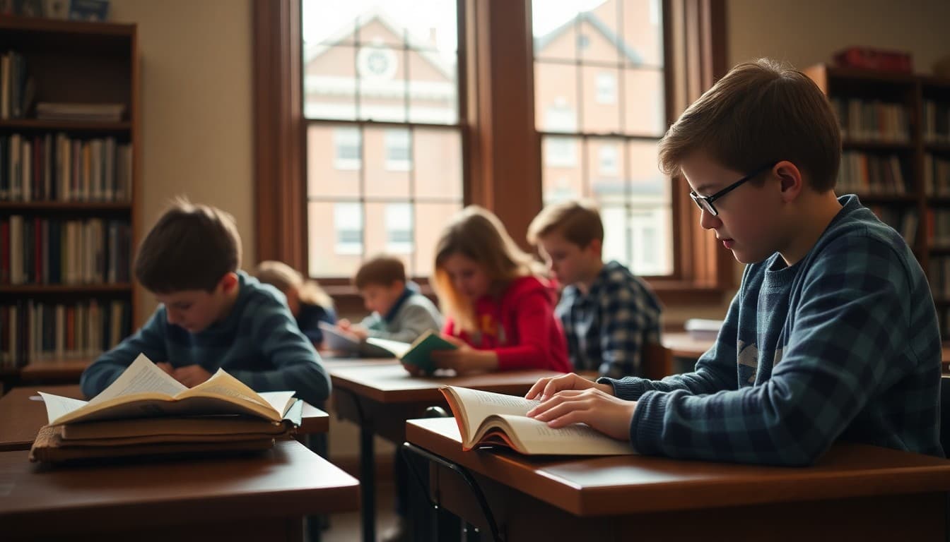 Pennsylvania classroom students reading in a cozy school library with historic building architecture outside