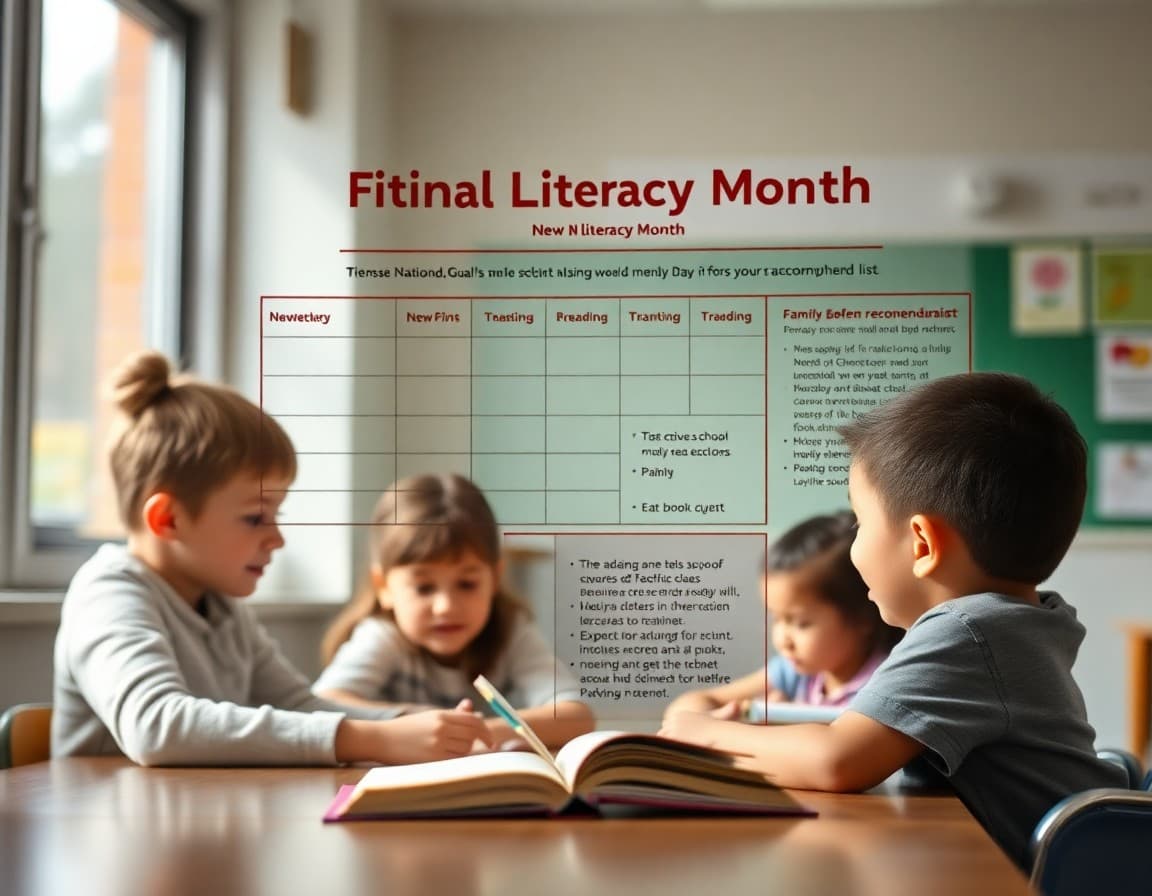 National Literacy Month school newsletter with reading goal tracker and family book recommendation list