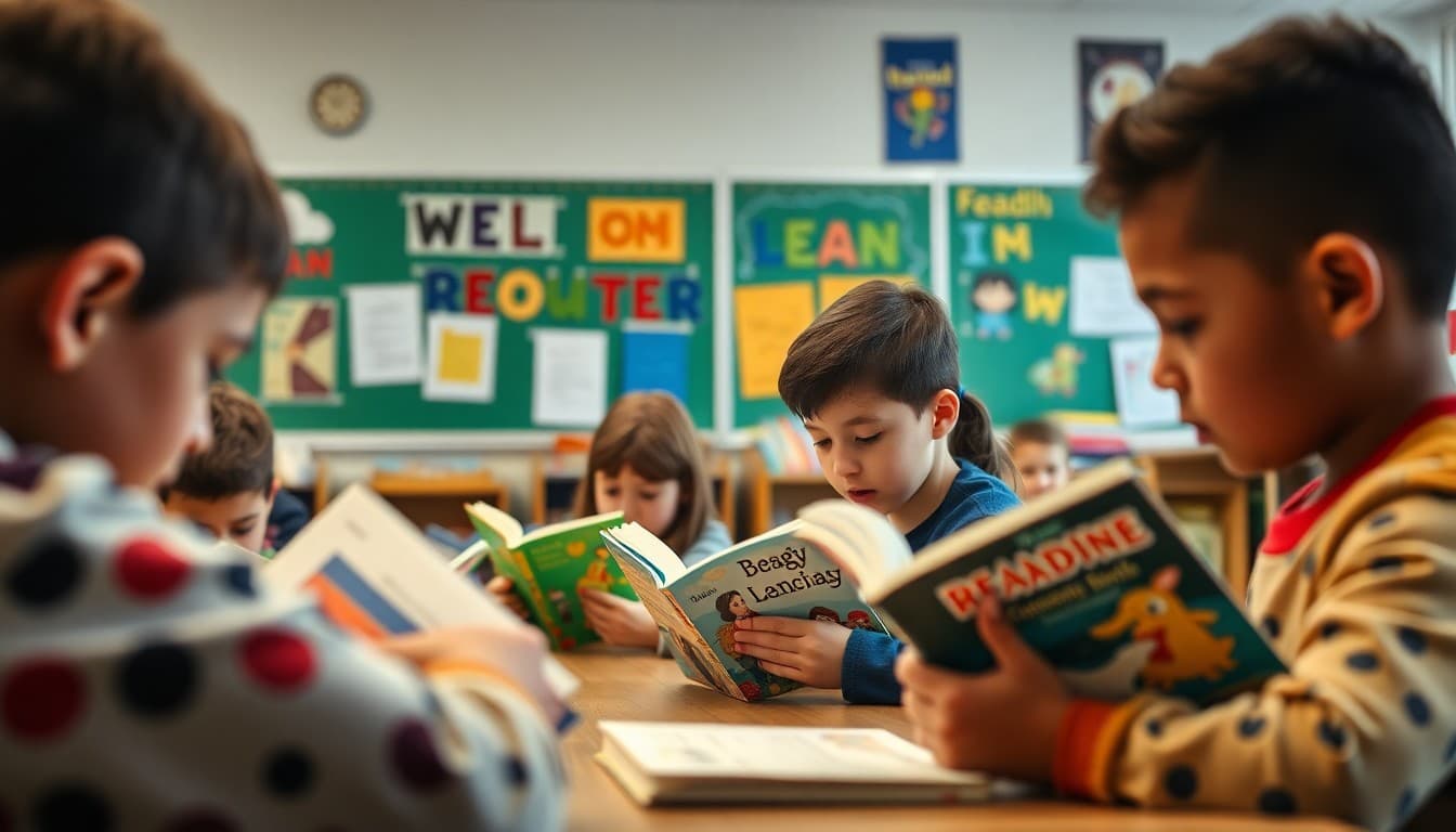 Students reading books during National Literacy Month with colorful reading displays in the classroom