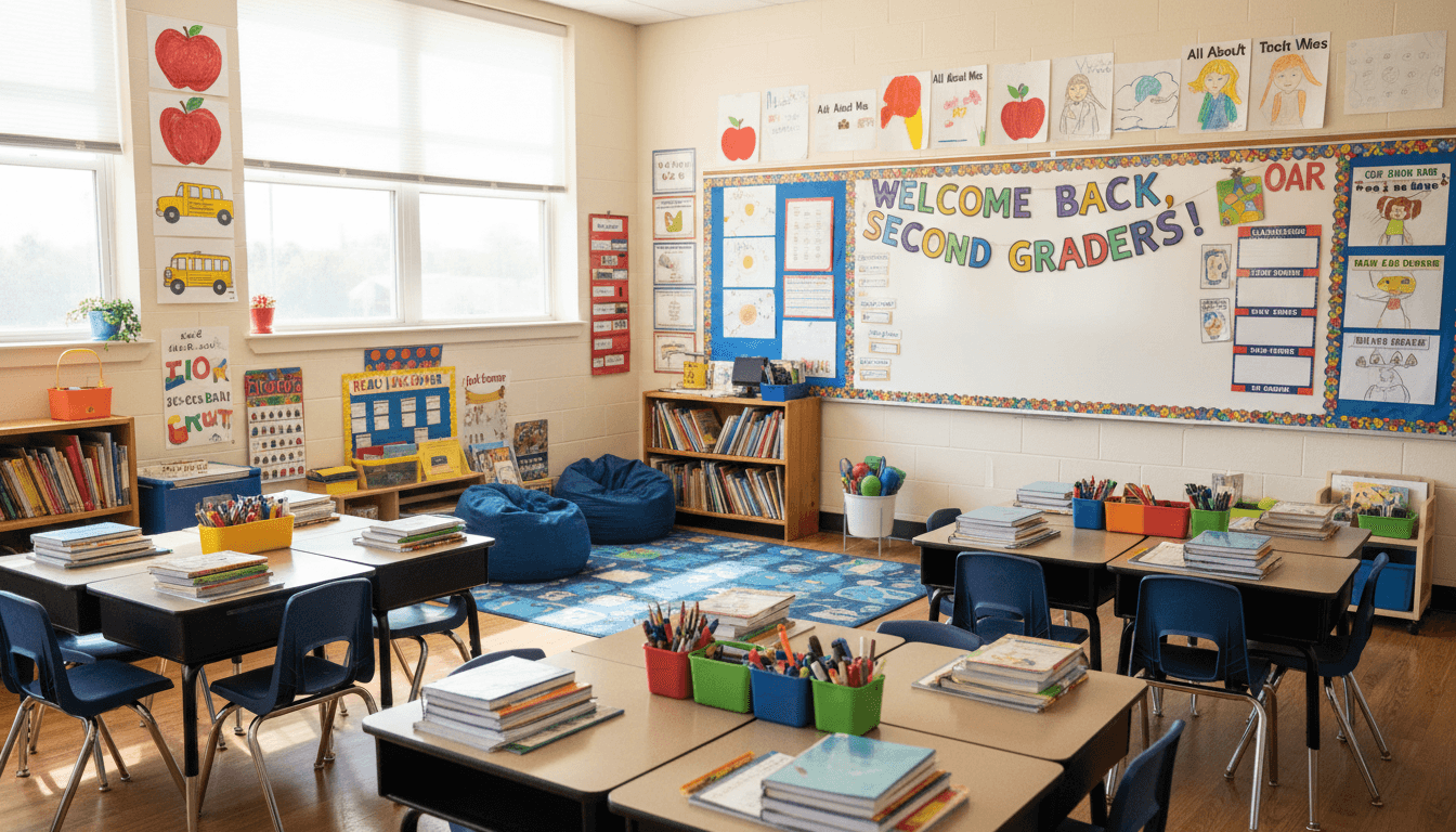 Second grade classroom decorated for back to school with student work on the walls